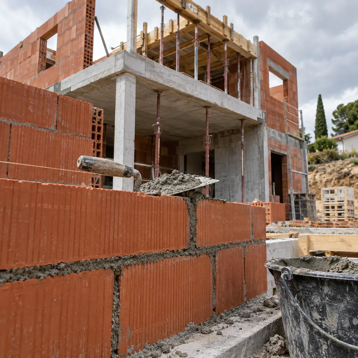 Mur en briques en cours d’élévation avec truelle et mortier, structure d’une maison à étage en arrière-plan
