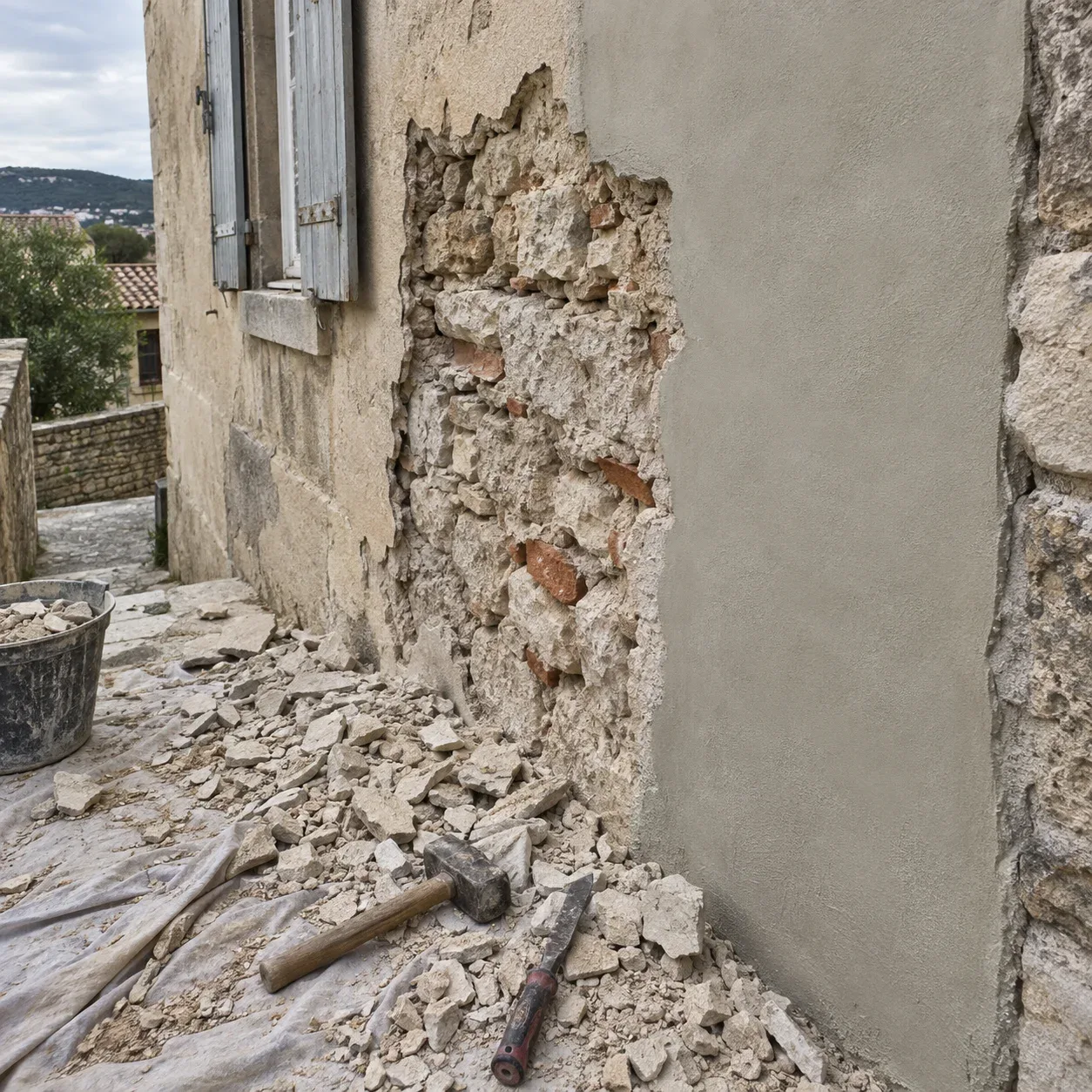 Façade ancienne avec enduit piqué à la massette, maçonnerie d’origine mise à nu